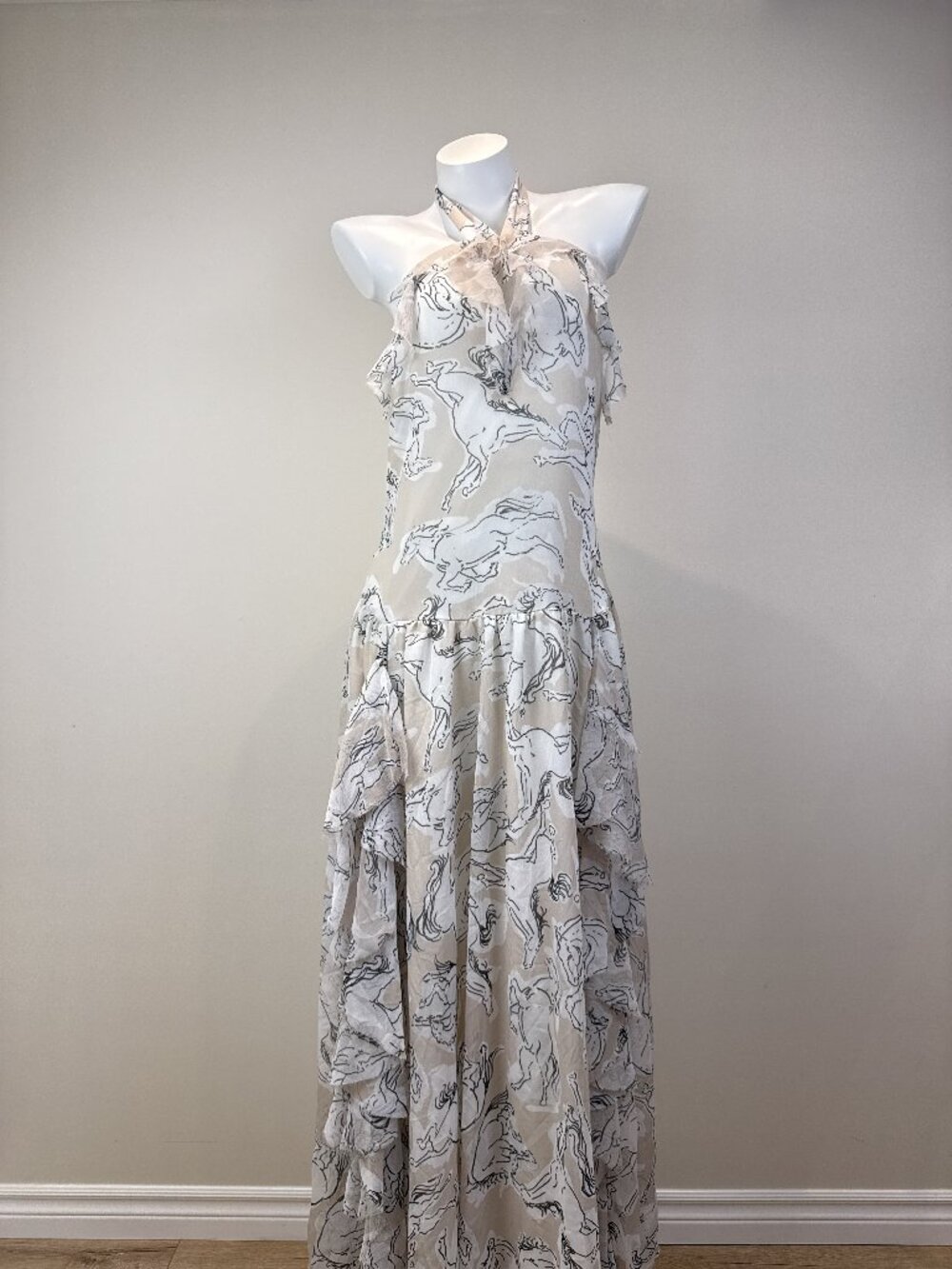 Nasty Gal Horse Print Halter Ruffle Maxi Dress Open Back Beige Womens US 12 NWT